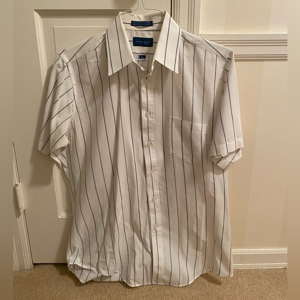 Towncraft White Short Sleeve Button Down with Stripes Neck Size 15 1/2